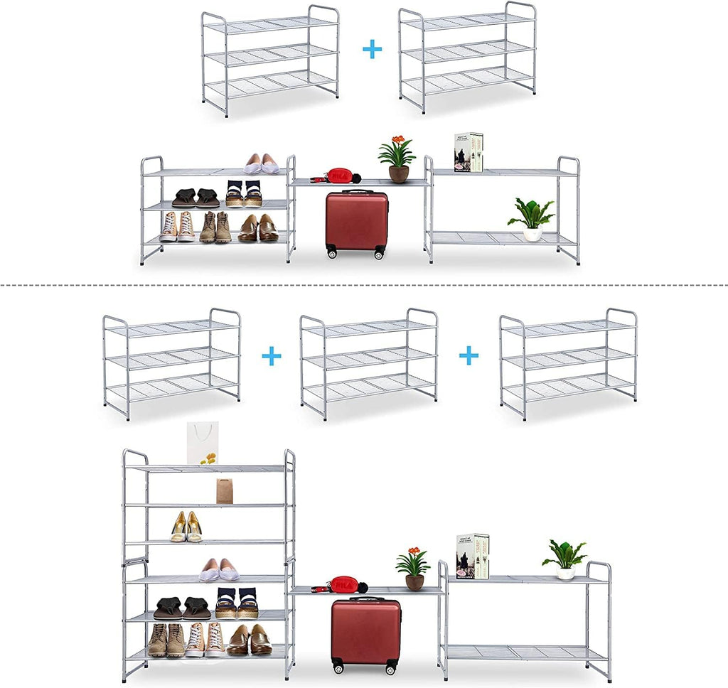 3-Tier Stackable Shoe Rack, Expandable & Adjustable Shoe Shelf Storage Organizer, Wire Grid, Silver