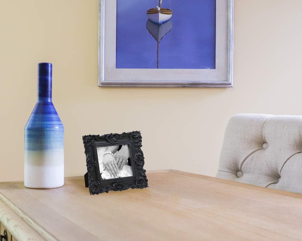 4X4 Black Ornate Textured Hand-Crafted Resin Picture Frame with Easel & Hook for Tabletop & Wall Display, Decorative Floral Design Home Décor, Photo Gallery, Art, More (4X4, Black)