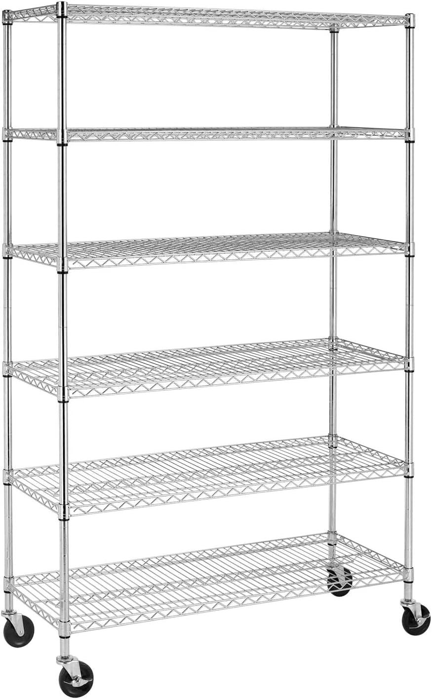 | 6-Tier Wire Storage Shelves with Wheels | 18X48X77 | Chrome | Adjustable Racks | Heavy-Duty Metal Shelf, Holds Upto 600 Lbs | No-Tool Assembly | Ideal for Home & Garage Shelving