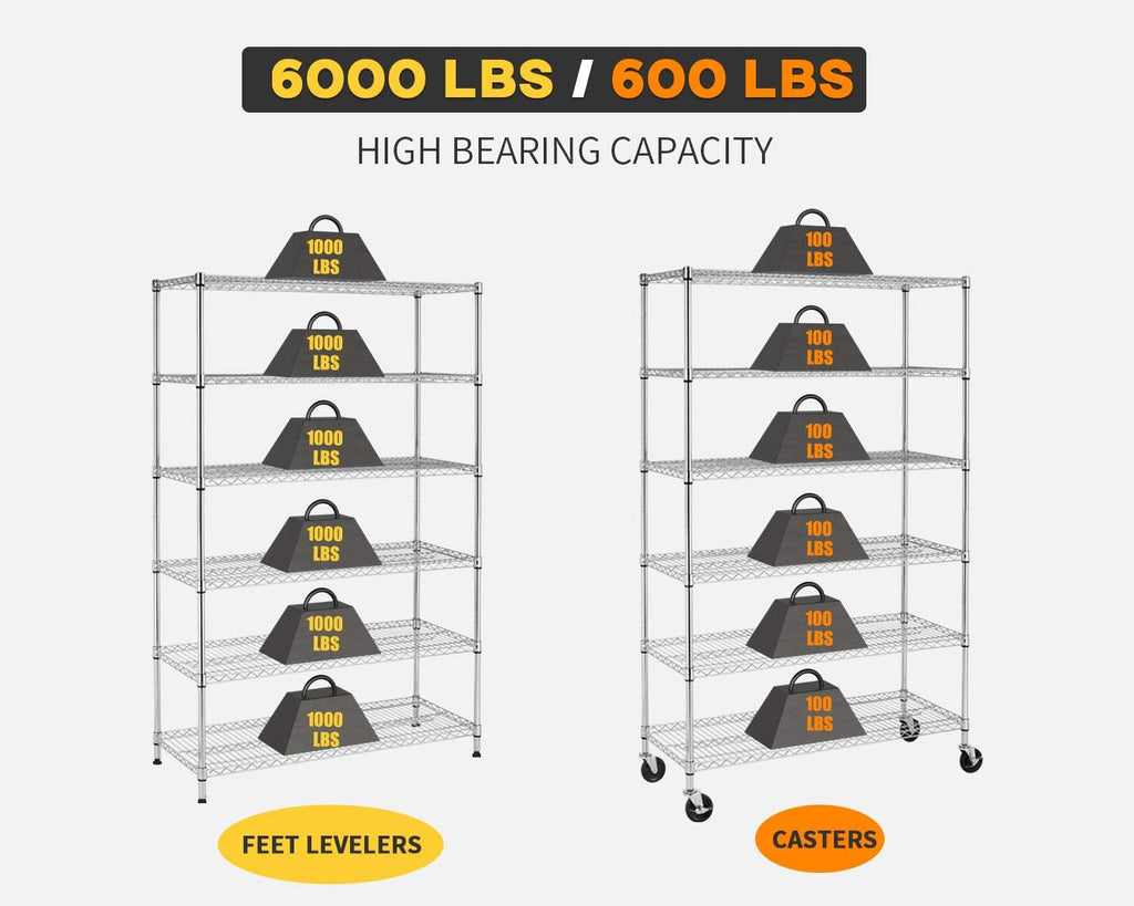| 6-Tier Wire Storage Shelves with Wheels | 18X48X77 | Chrome | Adjustable Racks | Heavy-Duty Metal Shelf, Holds Upto 600 Lbs | No-Tool Assembly | Ideal for Home & Garage Shelving