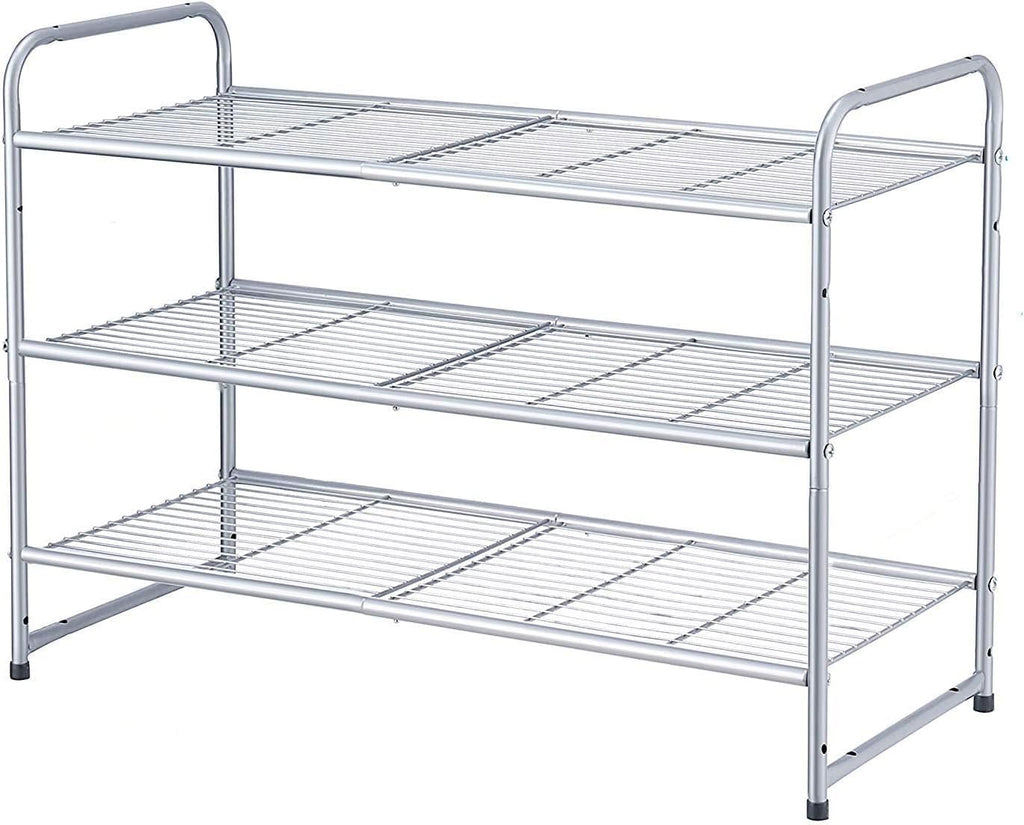 3-Tier Stackable Shoe Rack, Expandable & Adjustable Shoe Shelf Storage Organizer, Wire Grid, Silver