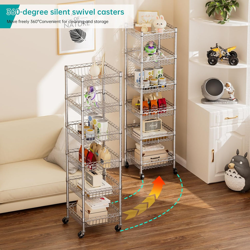 Shelf Storage Wire Shelving：Shelves Rack Standing Units with Wheels Closet Organizers Metal Pantry Kitchen Laundry Room Adjustable 13.5" D X 13.5" W X 63" H Silver