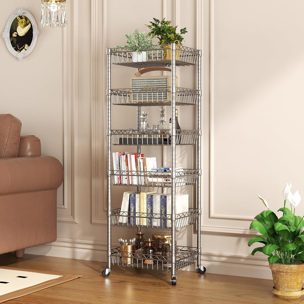 Shelf Storage Wire Shelving：Shelves Rack Standing Units with Wheels Closet Organizers Metal Pantry Kitchen Laundry Room Adjustable 13.5" D X 13.5" W X 63" H Silver