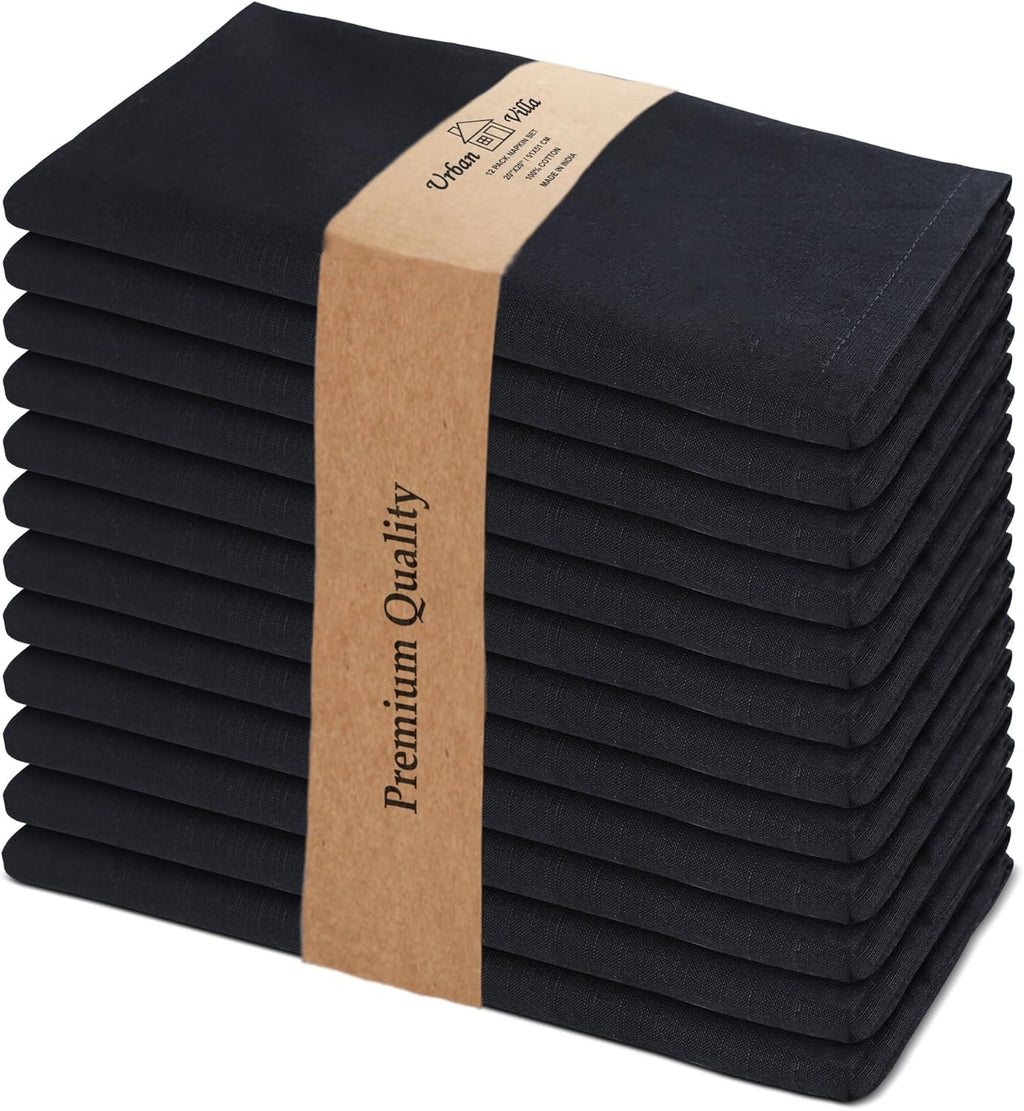 Cloth Napkins Set of 12 20X20 Inches 100% Cotton Napkins Cloth Washable Durable Reusable Absorbent Table Dinner Napkins Cloth for Christmas Hotel Lunch Restaurant Weddings Parties - Black