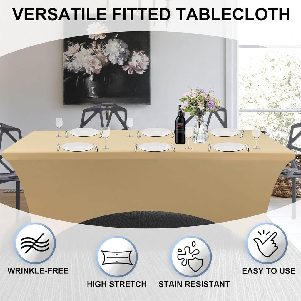 Fitted Tablecloth Beige Table Clothes for 4 Foot Rectangle Table - Elastic Spandex Massage Bed Cover for Party, Wedding, Birthday, Banquet, Vendor