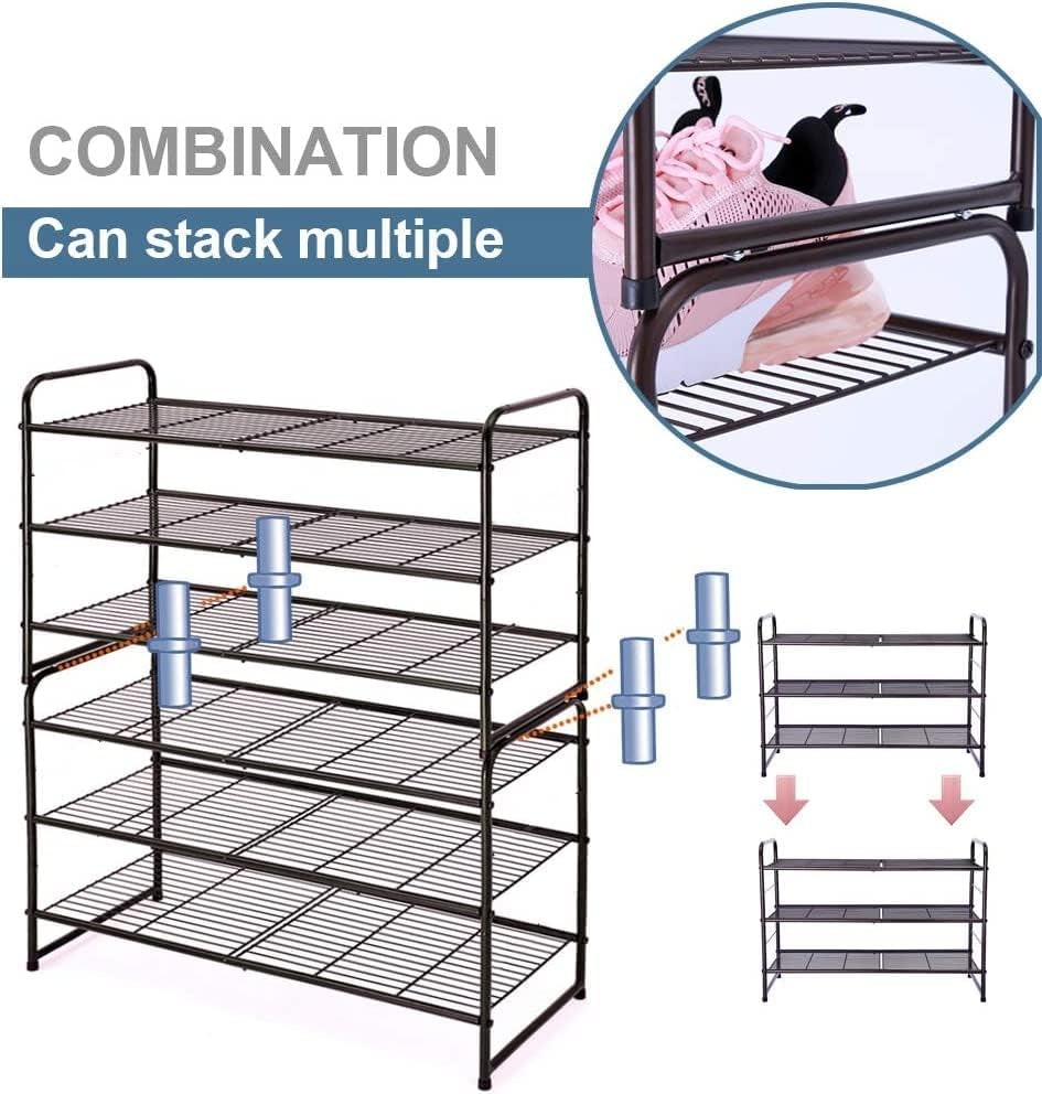 3-Tier Stackable Shoe Rack, Expandable & Adjustable Shoe Shelf Storage Organizer, Wire Grid, Bronze
