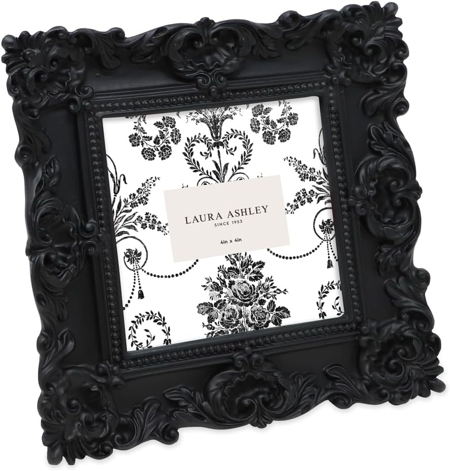 4X4 Black Ornate Textured Hand-Crafted Resin Picture Frame with Easel & Hook for Tabletop & Wall Display, Decorative Floral Design Home Décor, Photo Gallery, Art, More (4X4, Black)