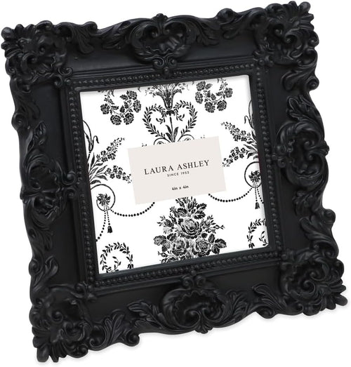 4X4 Black Ornate Textured Hand-Crafted Resin Picture Frame with Easel & Hook for Tabletop & Wall Display, Decorative Floral Design Home Décor, Photo Gallery, Art, More (4X4, Black)