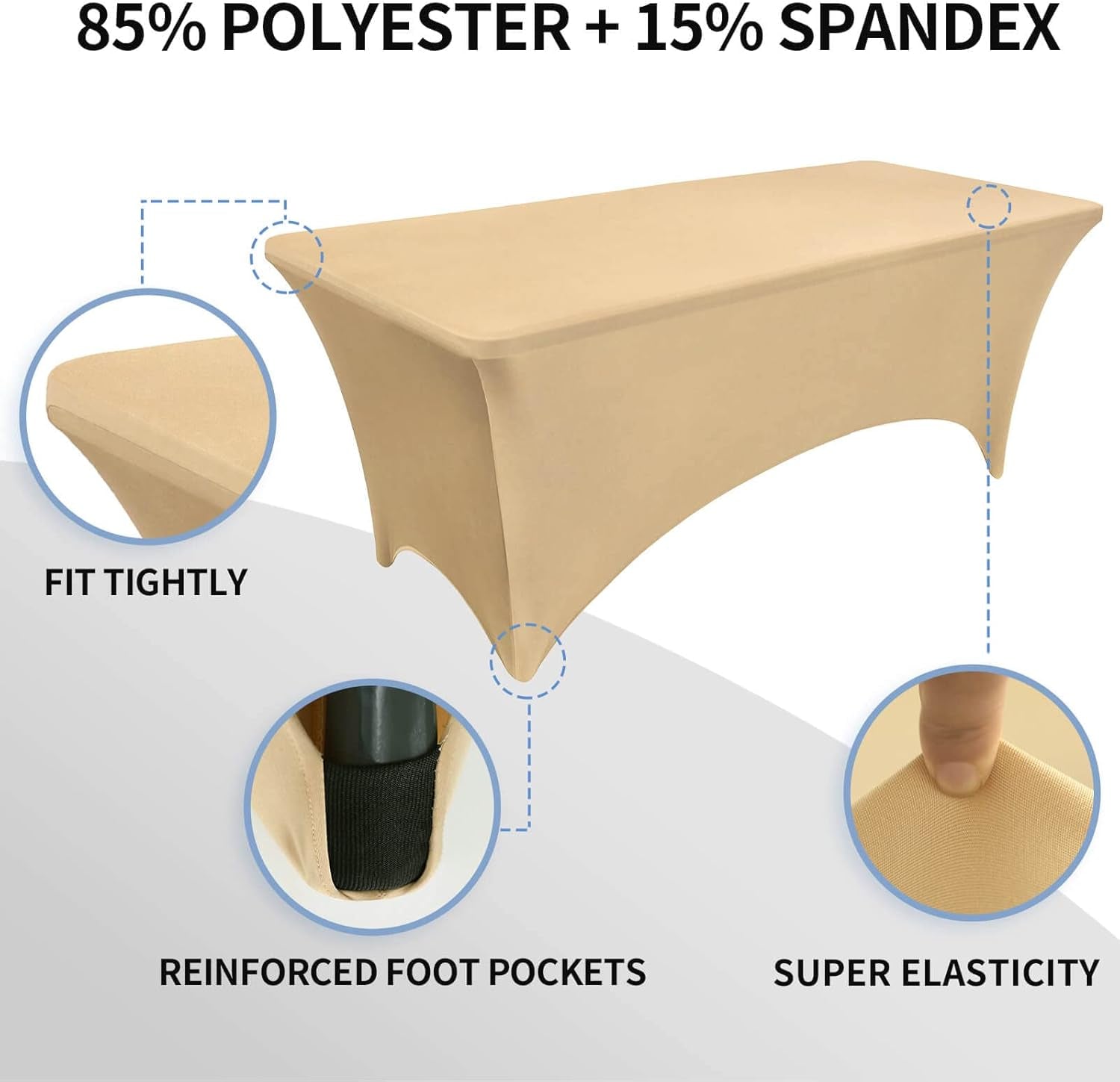 Fitted Tablecloth Beige Table Clothes for 4 Foot Rectangle Table - Elastic Spandex Massage Bed Cover for Party, Wedding, Birthday, Banquet, Vendor
