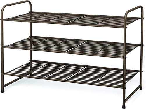 3-Tier Stackable Shoe Rack, Expandable & Adjustable Shoe Shelf Storage Organizer, Wire Grid, Bronze