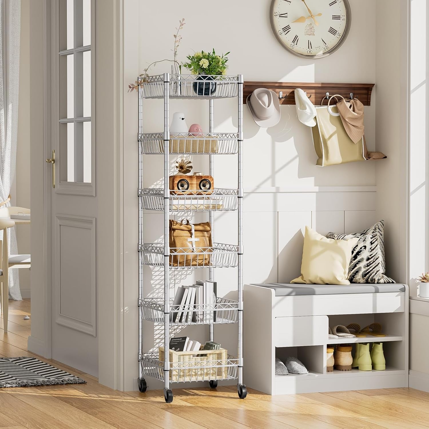 Shelf Storage Wire Shelving：Shelves Rack Standing Units with Wheels Closet Organizers Metal Pantry Kitchen Laundry Room Adjustable 13.5" D X 13.5" W X 63" H Silver