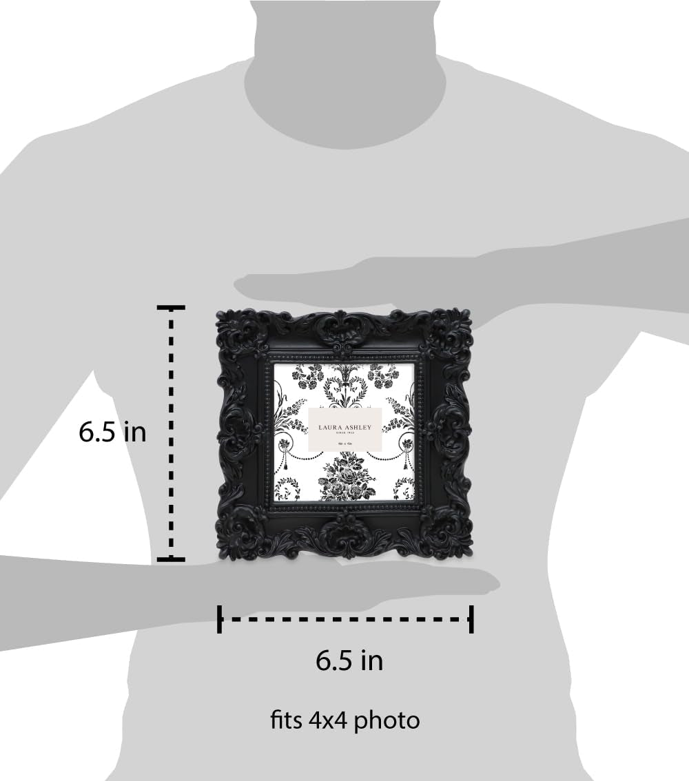 4X4 Black Ornate Textured Hand-Crafted Resin Picture Frame with Easel & Hook for Tabletop & Wall Display, Decorative Floral Design Home Décor, Photo Gallery, Art, More (4X4, Black)