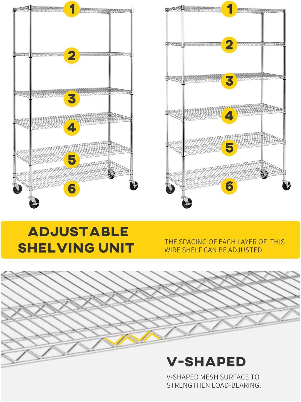| 6-Tier Wire Storage Shelves with Wheels | 18X48X77 | Chrome | Adjustable Racks | Heavy-Duty Metal Shelf, Holds Upto 600 Lbs | No-Tool Assembly | Ideal for Home & Garage Shelving