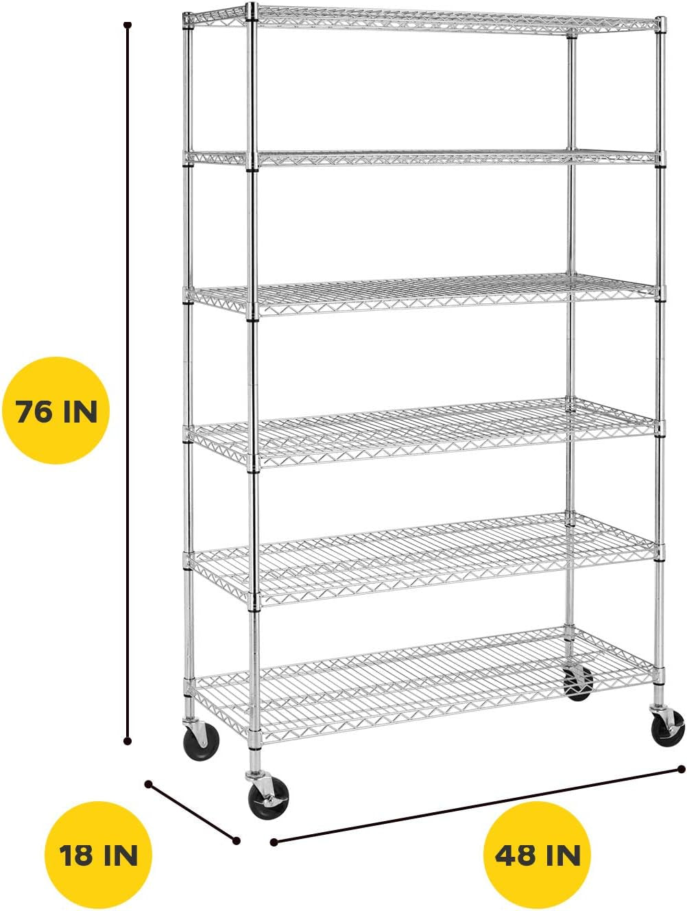 | 6-Tier Wire Storage Shelves with Wheels | 18X48X77 | Chrome | Adjustable Racks | Heavy-Duty Metal Shelf, Holds Upto 600 Lbs | No-Tool Assembly | Ideal for Home & Garage Shelving