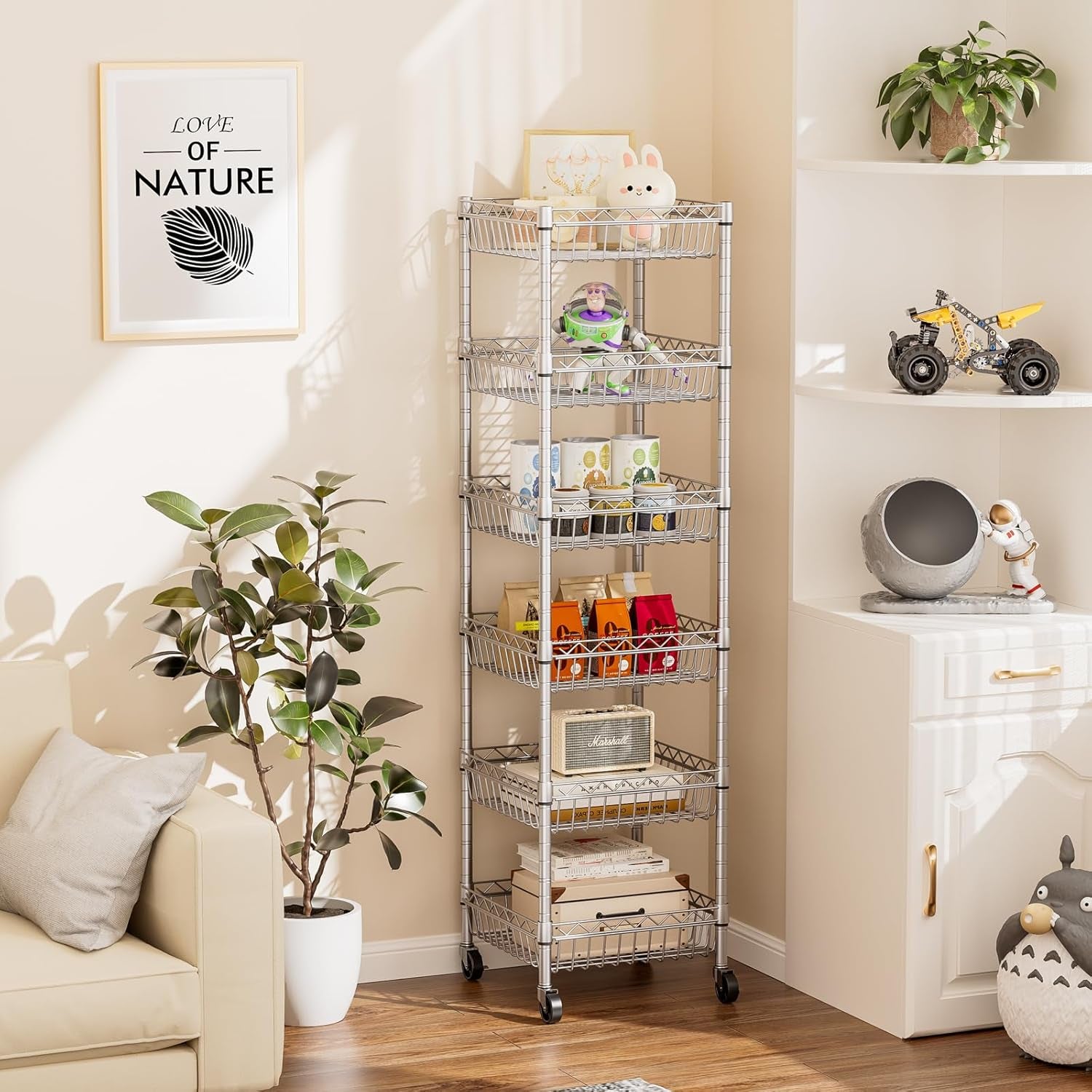 Shelf Storage Wire Shelving：Shelves Rack Standing Units with Wheels Closet Organizers Metal Pantry Kitchen Laundry Room Adjustable 13.5" D X 13.5" W X 63" H Silver