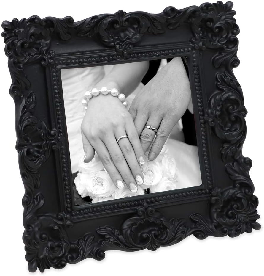 4X4 Black Ornate Textured Hand-Crafted Resin Picture Frame with Easel & Hook for Tabletop & Wall Display, Decorative Floral Design Home Décor, Photo Gallery, Art, More (4X4, Black)