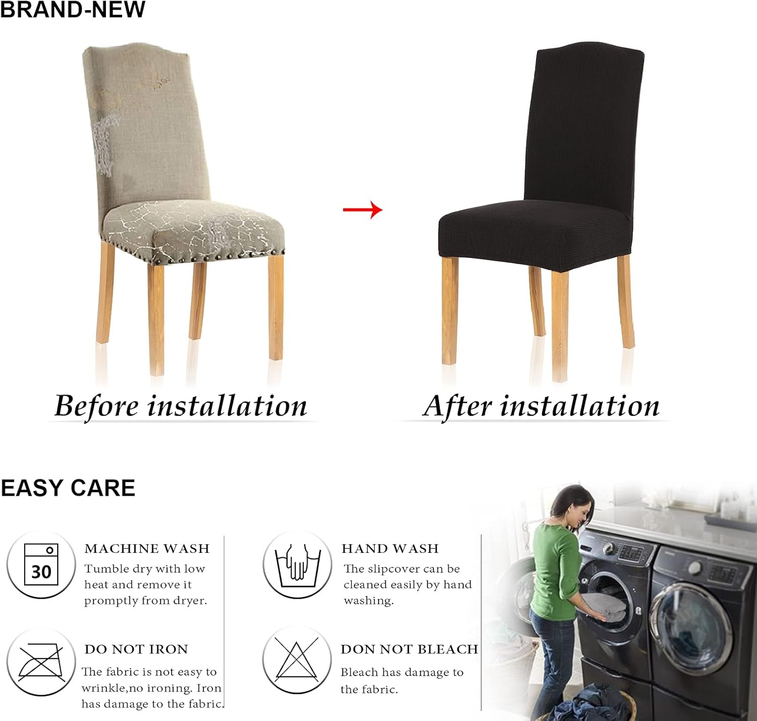 Stretch Chair Covers for Dining Room Set of 2, Dining Room Chair Covers for Home Decor, Removable Dining Chair Cover Antislip Kitchen Chair Cover Parson Chair Slipcover(2 Pack, Black)