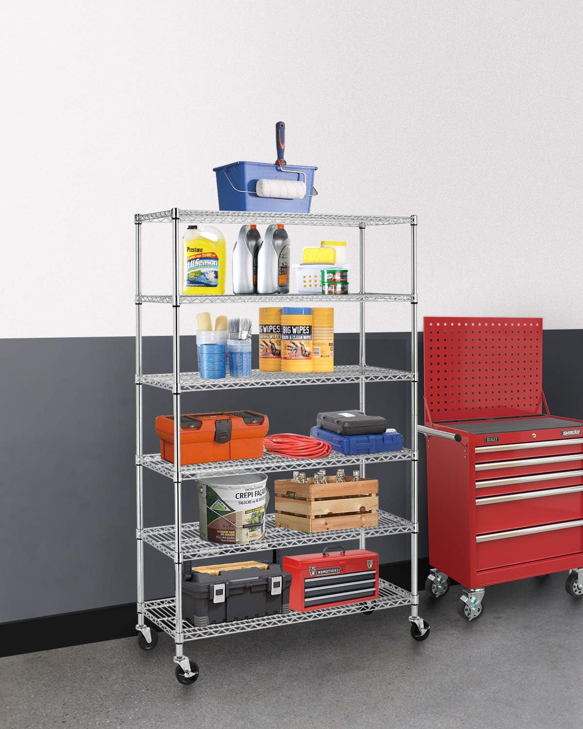 | 6-Tier Wire Storage Shelves with Wheels | 18X48X77 | Chrome | Adjustable Racks | Heavy-Duty Metal Shelf, Holds Upto 600 Lbs | No-Tool Assembly | Ideal for Home & Garage Shelving
