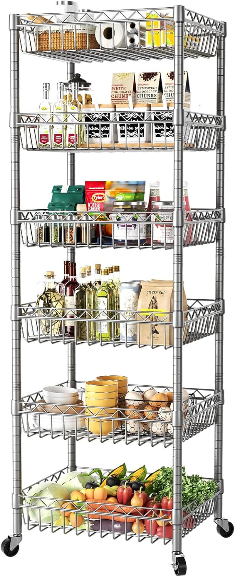 Shelf Storage Wire Shelving：Shelves Rack Standing Units with Wheels Closet Organizers Metal Pantry Kitchen Laundry Room Adjustable 13.5" D X 13.5" W X 63" H Silver