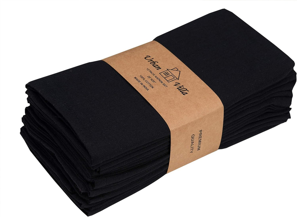 Cloth Napkins Set of 12 20X20 Inches 100% Cotton Napkins Cloth Washable Durable Reusable Absorbent Table Dinner Napkins Cloth for Christmas Hotel Lunch Restaurant Weddings Parties - Black